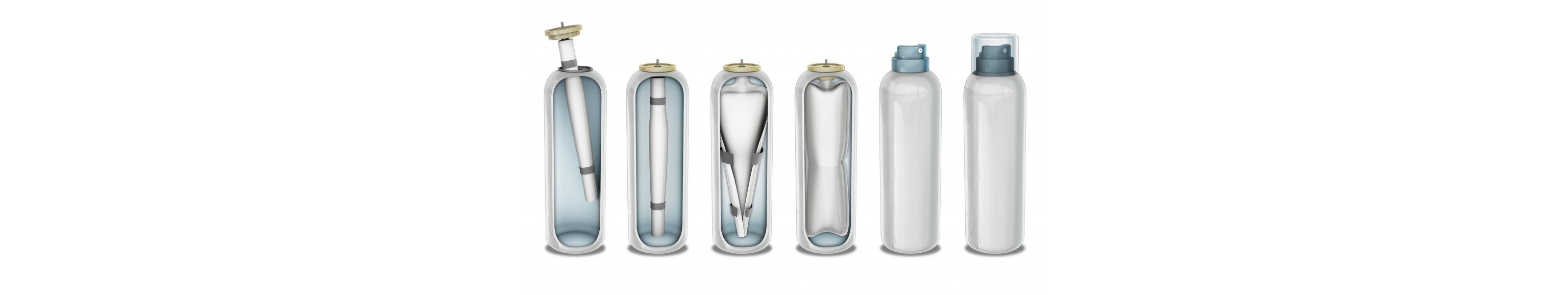 Infographic showing the inside of a BOV aerosol can, illustrating the 6 steps: bag insertion, placement, inflation, and sealing.